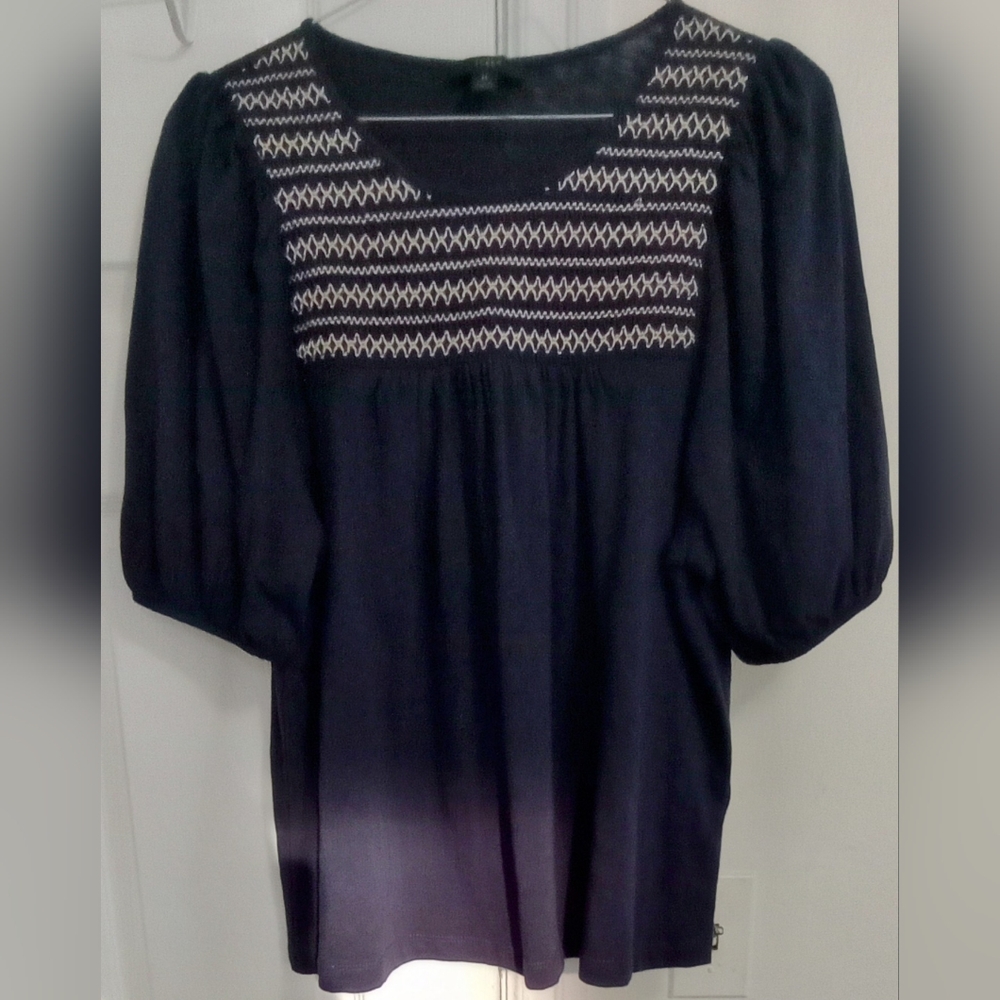 J Crew Peasant Boho Top Size M Navy Blue Scoop Neck